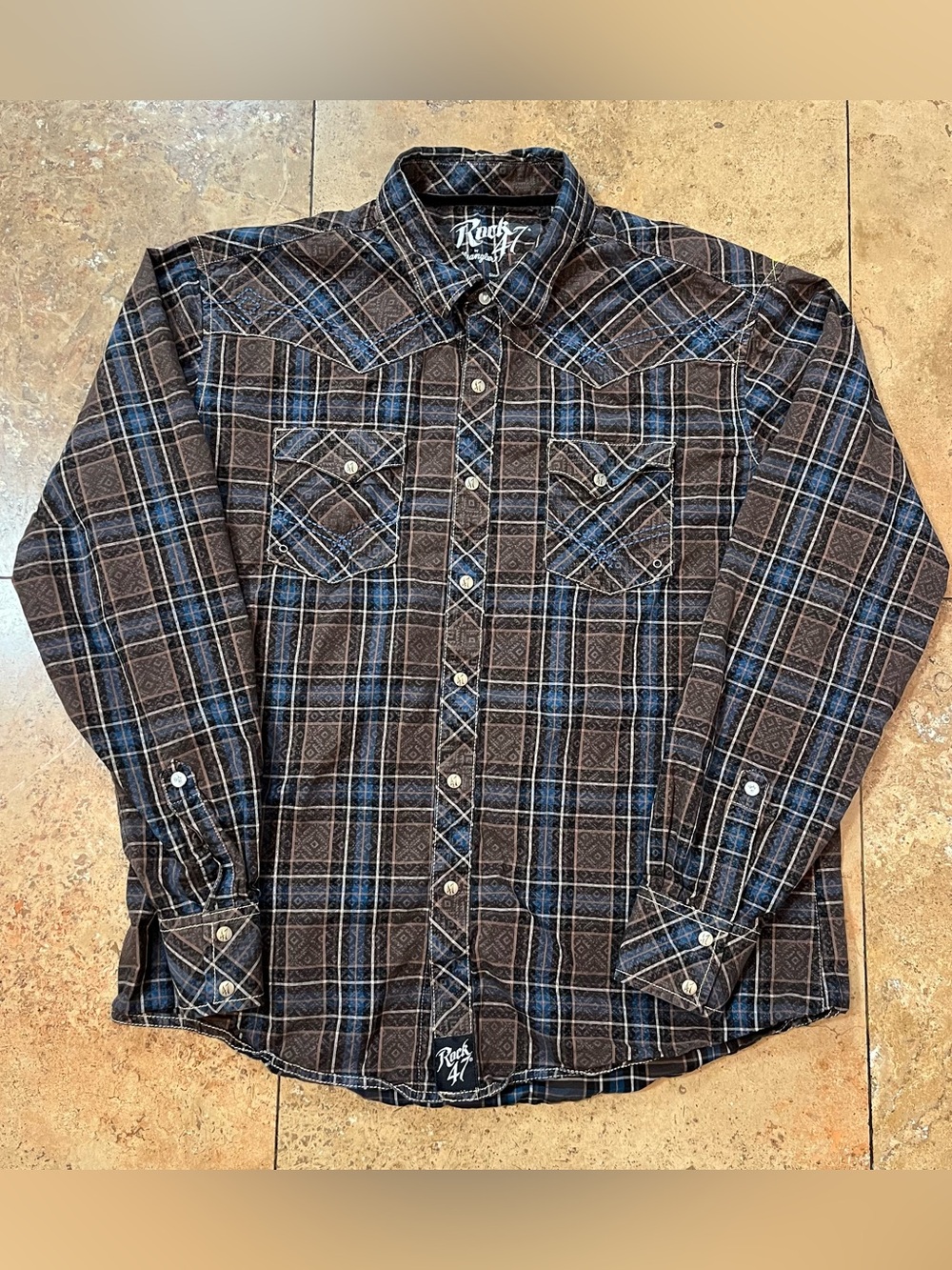 Wrangler Rock 47 Men’s Pearl Snap Brown Western Shirt XL Rodeo Cowboy